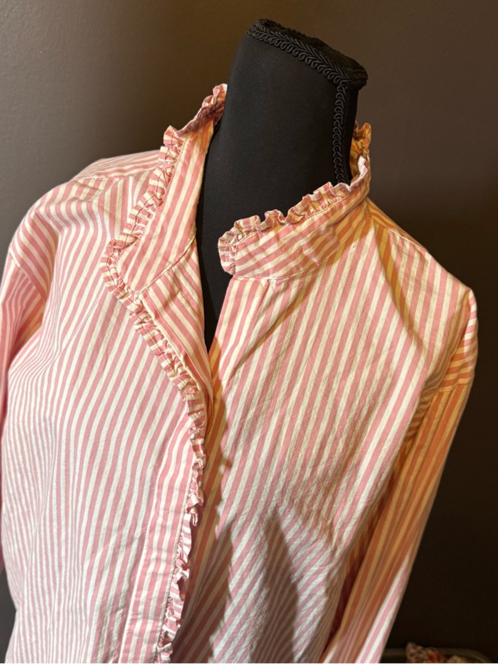 crown & ivy Pink and White Striped Ruffle-Trim Button Down Shirt - Picture 2 of 4